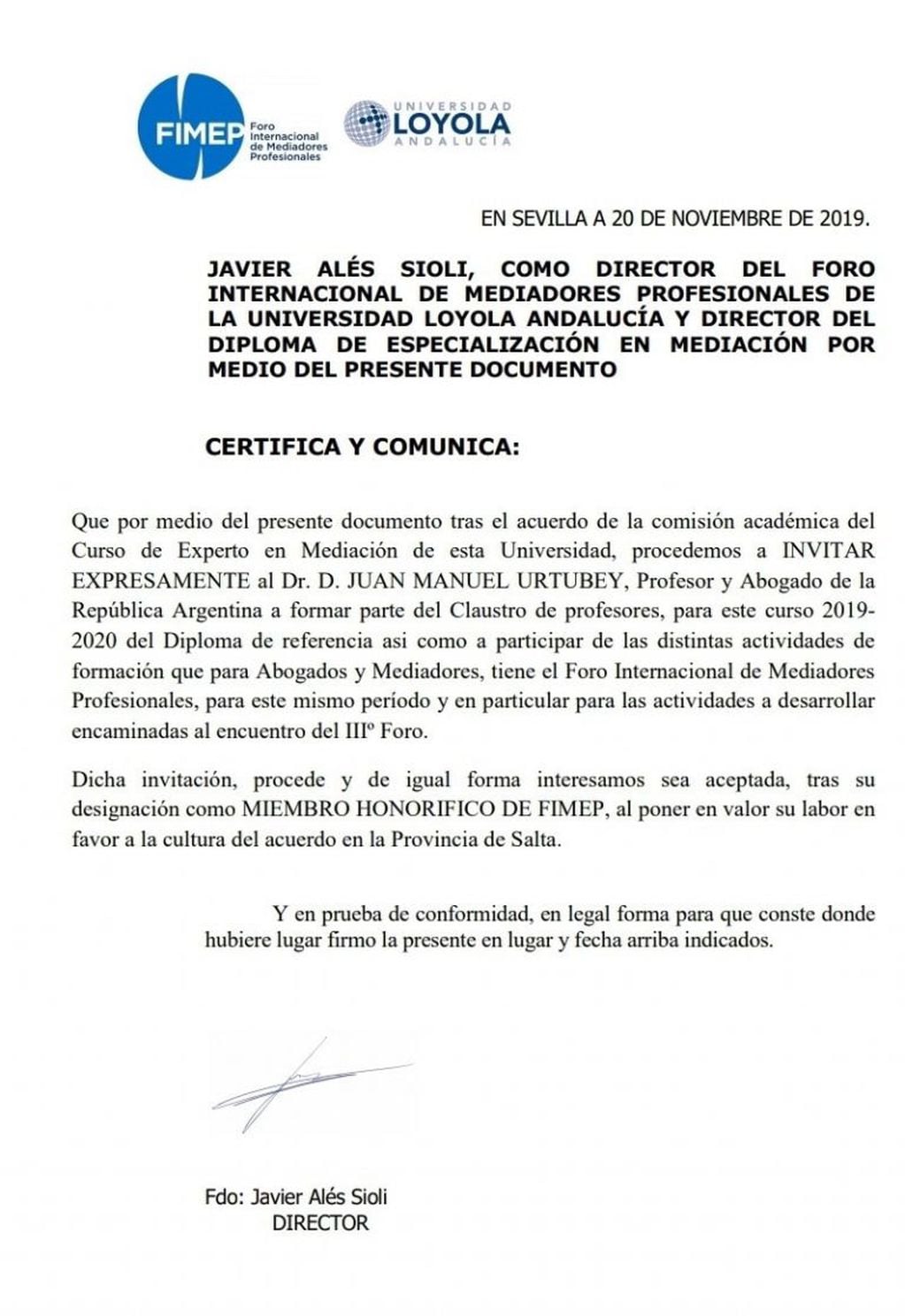 Invitación de la Universidad Loyola a Juan Manuel Urtubey