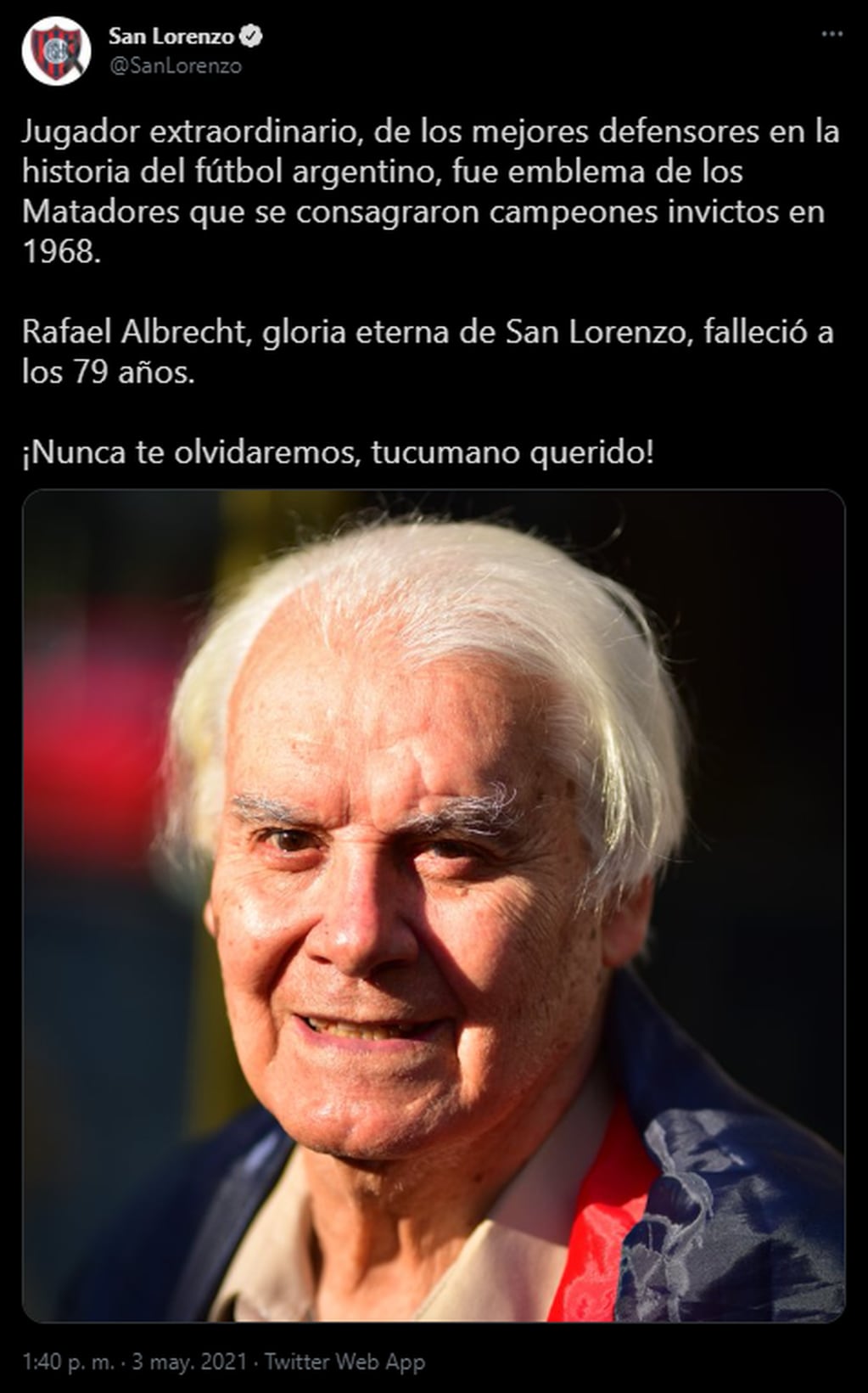 El tuit de San Lorenzo tras la muerte de José Rafael Albrecht.