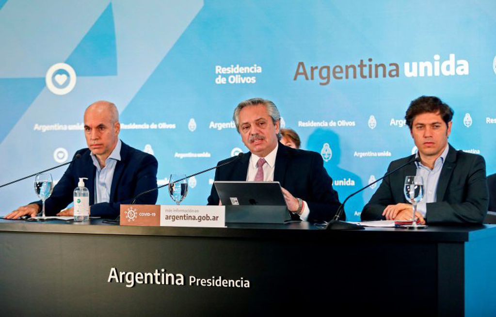 El presidente Alberto Fernández junto a Axel Kicillof, gobertnador de la Provincia de Buenos Aires, y Horacio Rodríguez Larreta, jefe de Gobierno de la Ciudad Autónoma de Buenos Aires. (Foto: Presidencia)