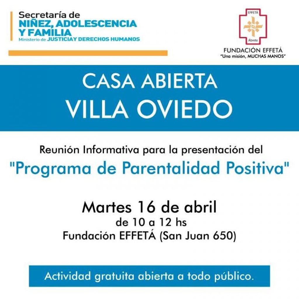 Invitación de Casa Abierta Villa Oviedo y Fundación Effetá. Alta Gracia.