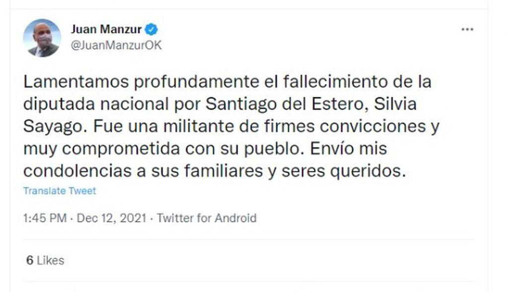 Juan Manzur publicó un tweet por el fallecimiento de Silvia Sayago.