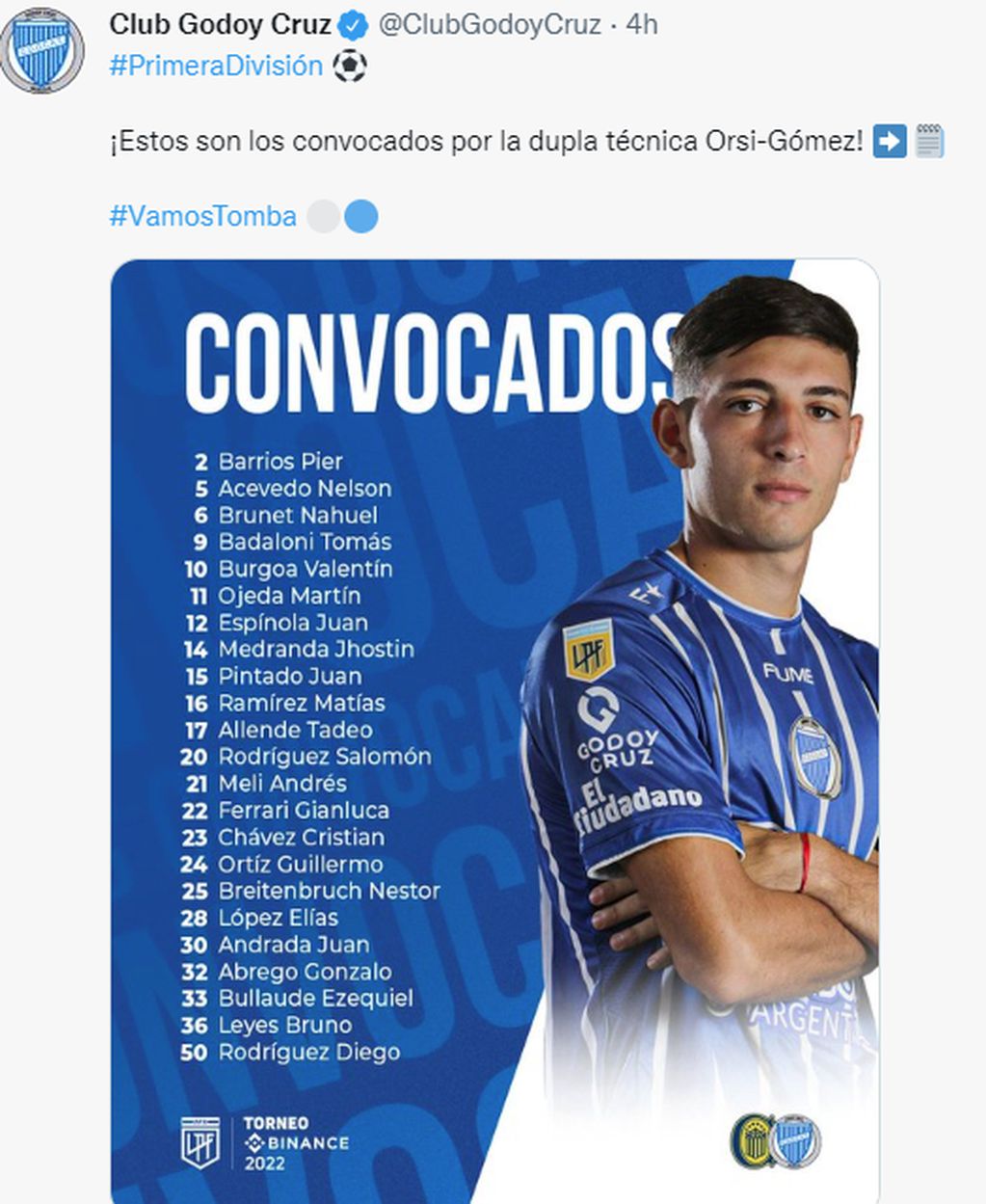 La lista de los jugadores convocados del Tomba para enfrentar a Rosario Central.