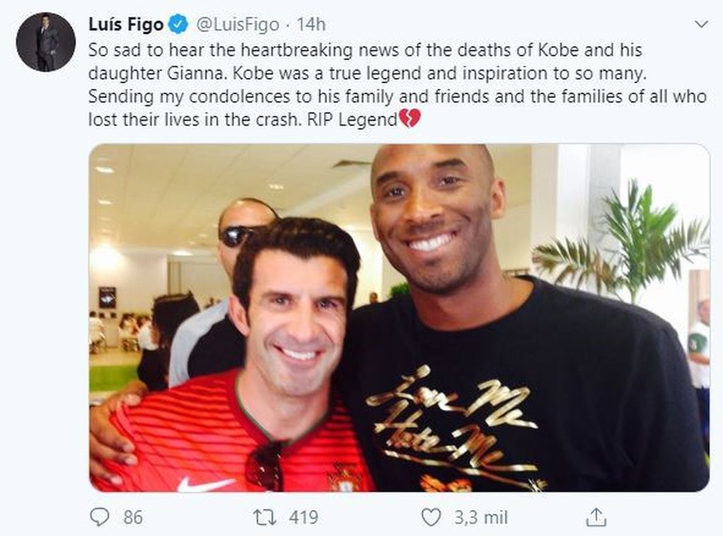 Tuit de Figo sobre la muerte de Kobe Bryant