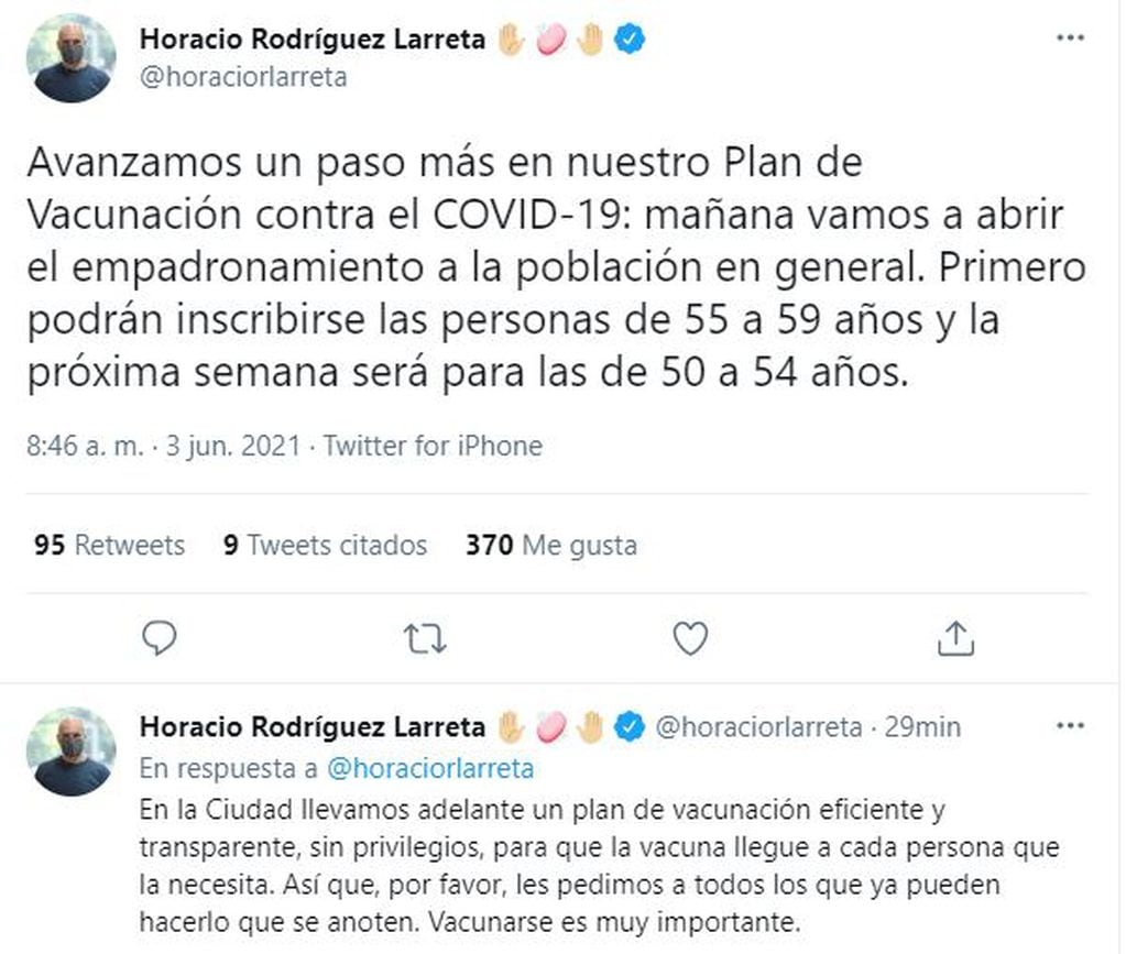 Horacio Rodríguez Larreta, jefe de Gobierno porteño, anunció la apertura del empadronamiento para personas de 50 a 59 que quieran vacunarse contra el COVID-19.