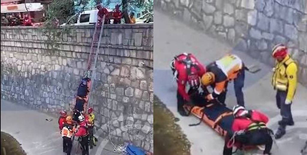 Oficiales de la Policía de la Provincia y de la DUAR rescataron a un hombre, tras caer por la Cañada (Foto: Prensa 911)