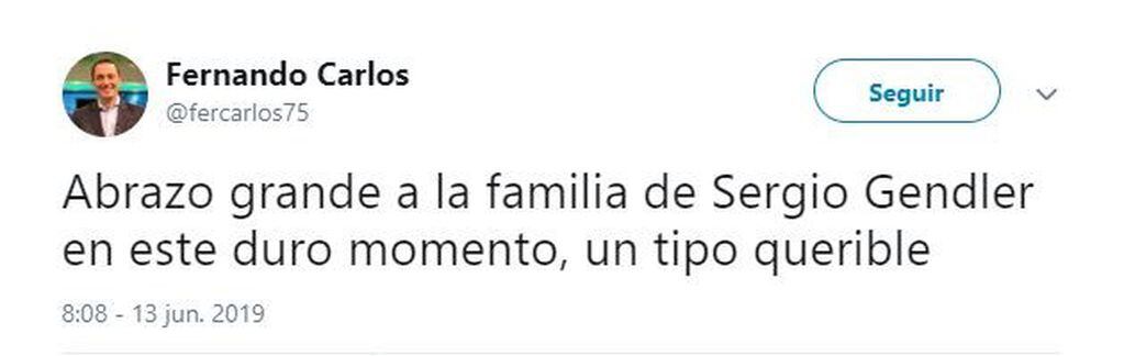El mensaje de Fernando Carlos por la muerte de Sergio Gendler (Foto: captura Twitter)