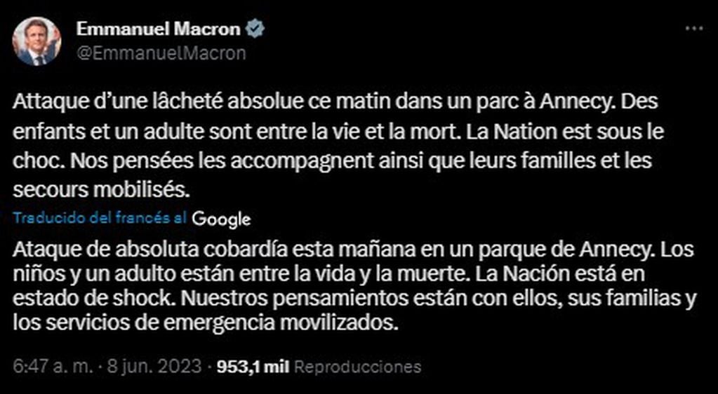 Emmanuel Macron se refirió al hecho en Twitter. Foto: captura de pantalla.