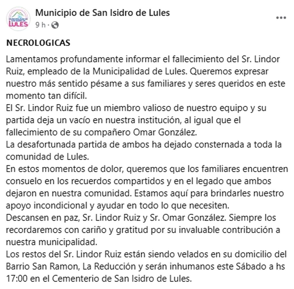 Comunicado oficial de la Municipalidad de Lules.