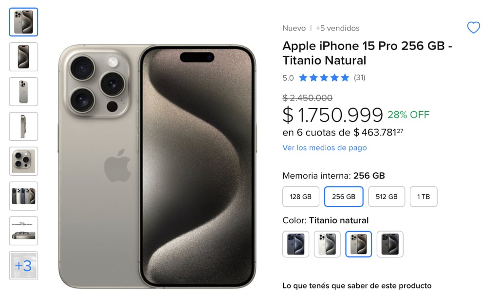 Precio del iPhone 15 Pro de 256 GB en Argentina.
