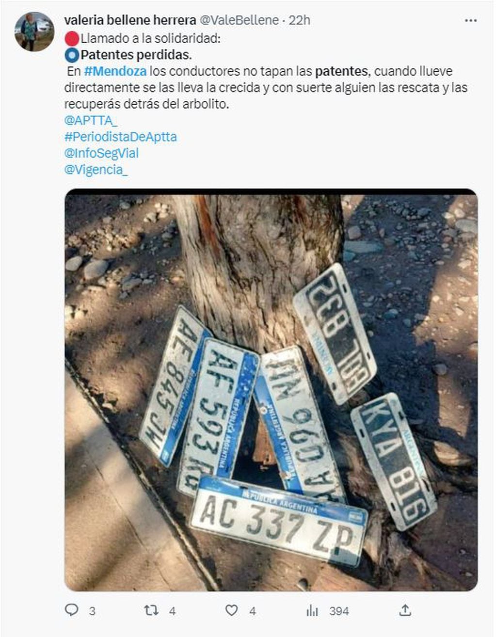 Patentes perdidas por la lluvia e inundaciones en Mendoza.
