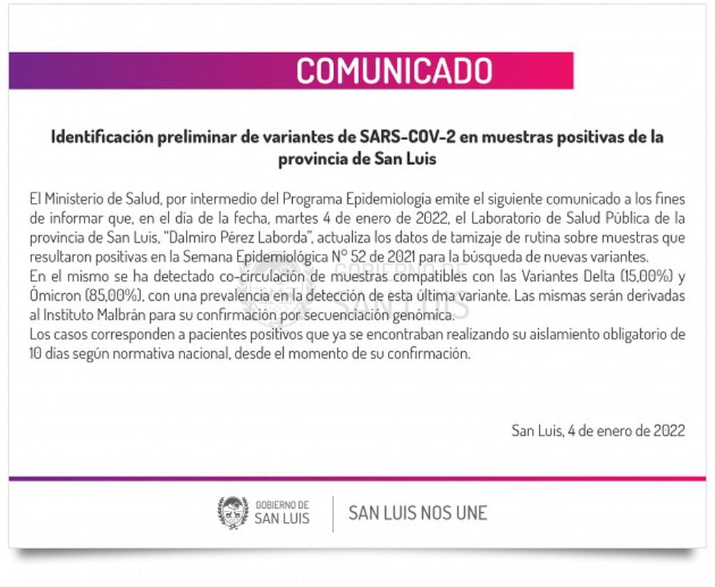 Comunicado coronavirus Gobierno de San Luis