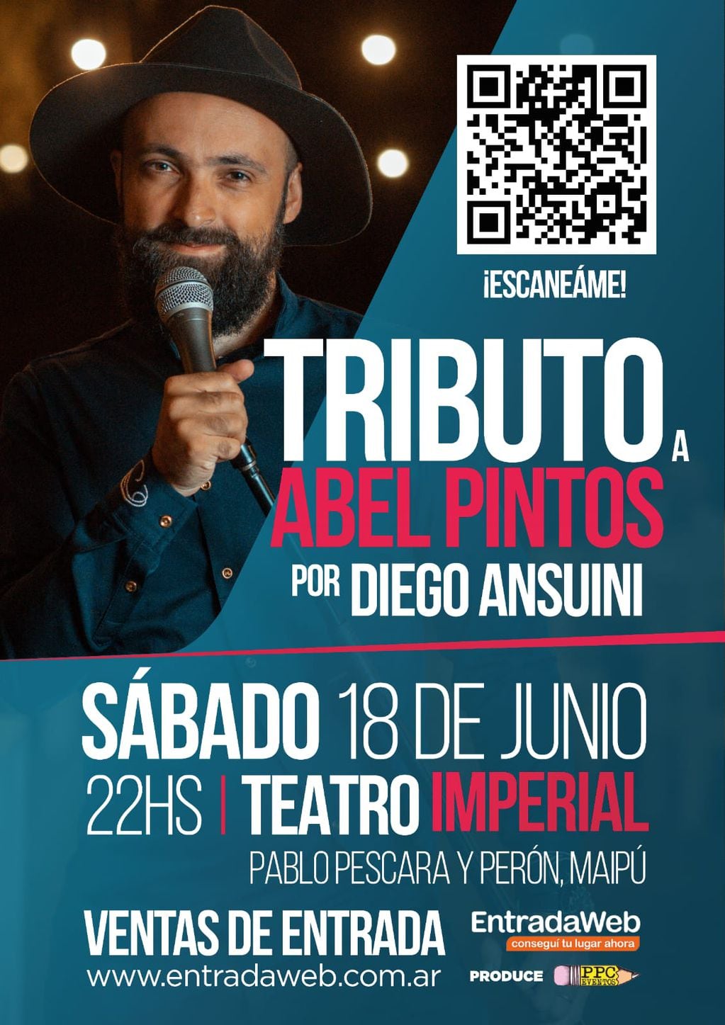 Diego Ansuini brindará un concierto tributo a Abel Pintos en el Teatro Imperial de Maipú.