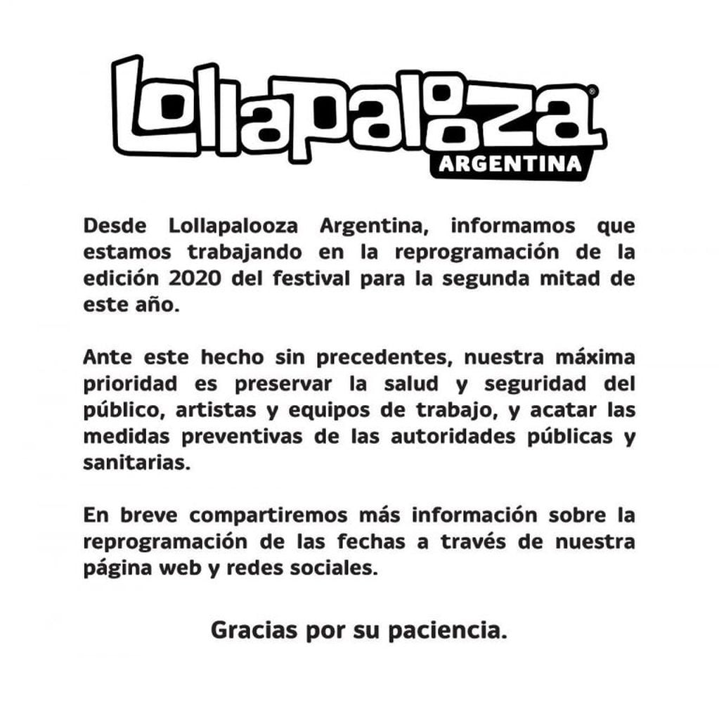 Comunicado oficial del Lollapalooza Argentina 2020 tras confirmar la suspensión del festival por el coronavirus. (Prensa Lollapalooza)