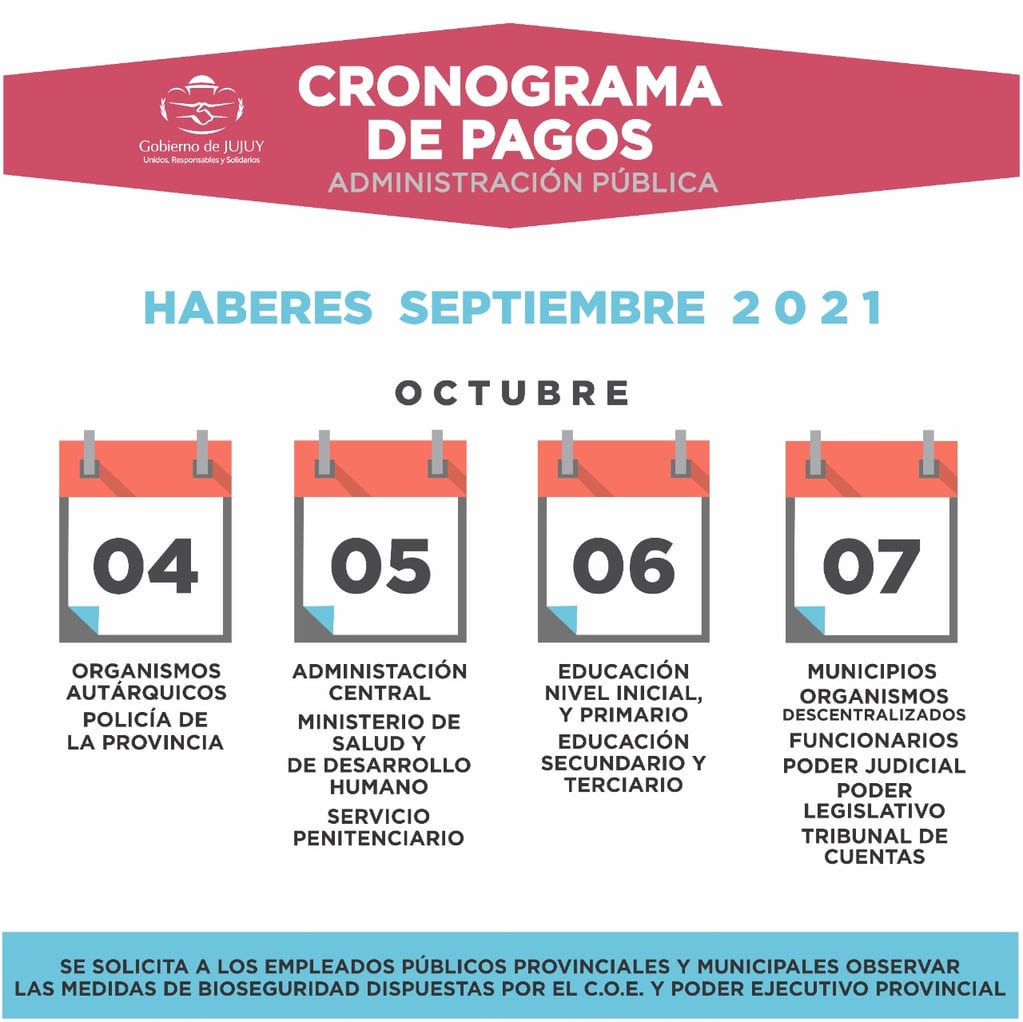 El Ministerio de Hacienda de Jujuy publicó el cronograma de pago de los haberes de septiembre para la administración pública provincial.