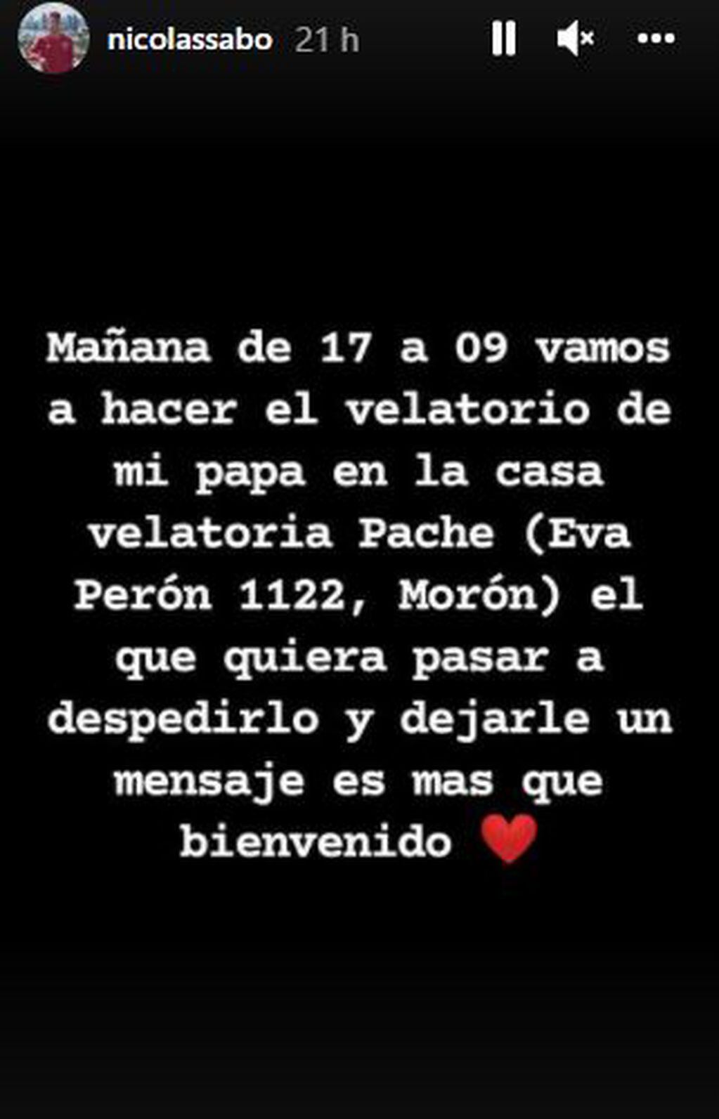 Nicolás Sabo, uno de los hijos del kiosquero asesinado a tiros en Ramos Mejía, convoca al velatorio de su padre mediante un mensaje en su cuenta de Instagram.