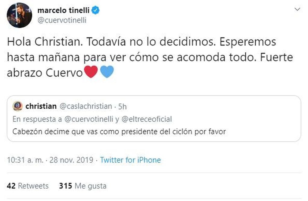 Marcelo Tinelli analiza presentarse como candidato a presidente de San Lorenzo. (Twitter)