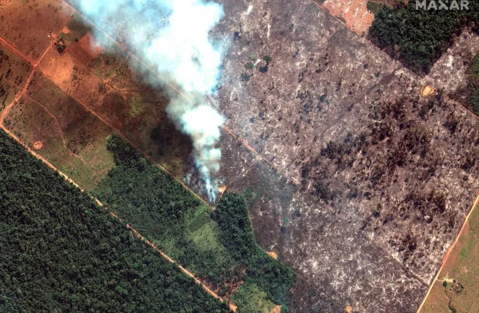 In this Aug 15, 2019 satellite image provided by Satellite image ©2019 Maxar Technologies, shows fires burning in the State of Rondonia, Brazil, in the upper Amazon River basin. Brazil's National Institute for Space Research, a federal agency monitoring deforestation and wildfires, said the country has seen a record number of wildfires this year, an 84 percent increase compared to the same period last year. The states that have been most affected by fires this year are Mato Grosso, Para and Amazonas, all in the Amazon region. (Satellite image ©2019 Maxar Technologies via AP)