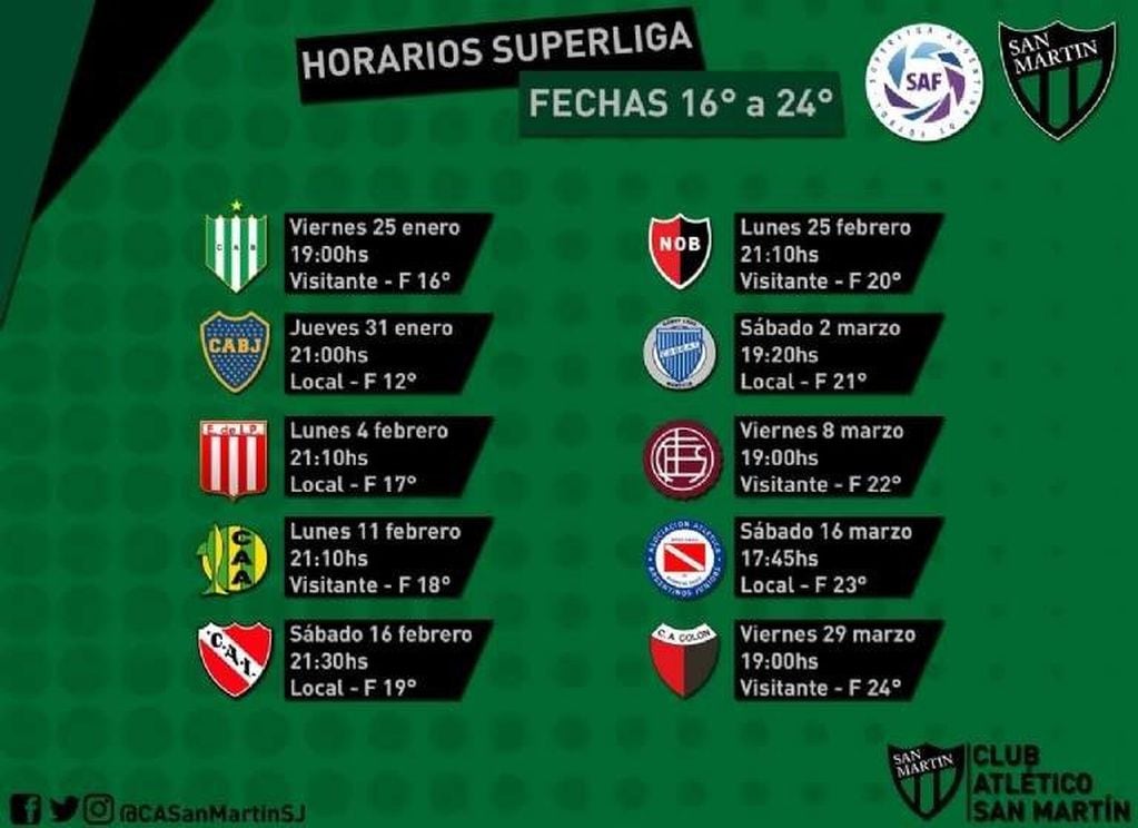 Las fechas que debe disputar SM en el segundo semestre de la Superliga.