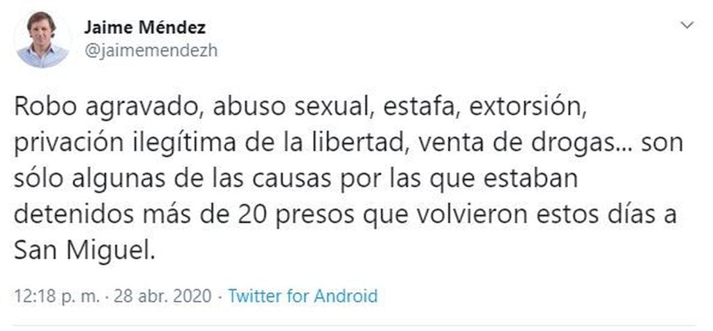 El descargo del intendente Jaime Méndez. (Twitter)