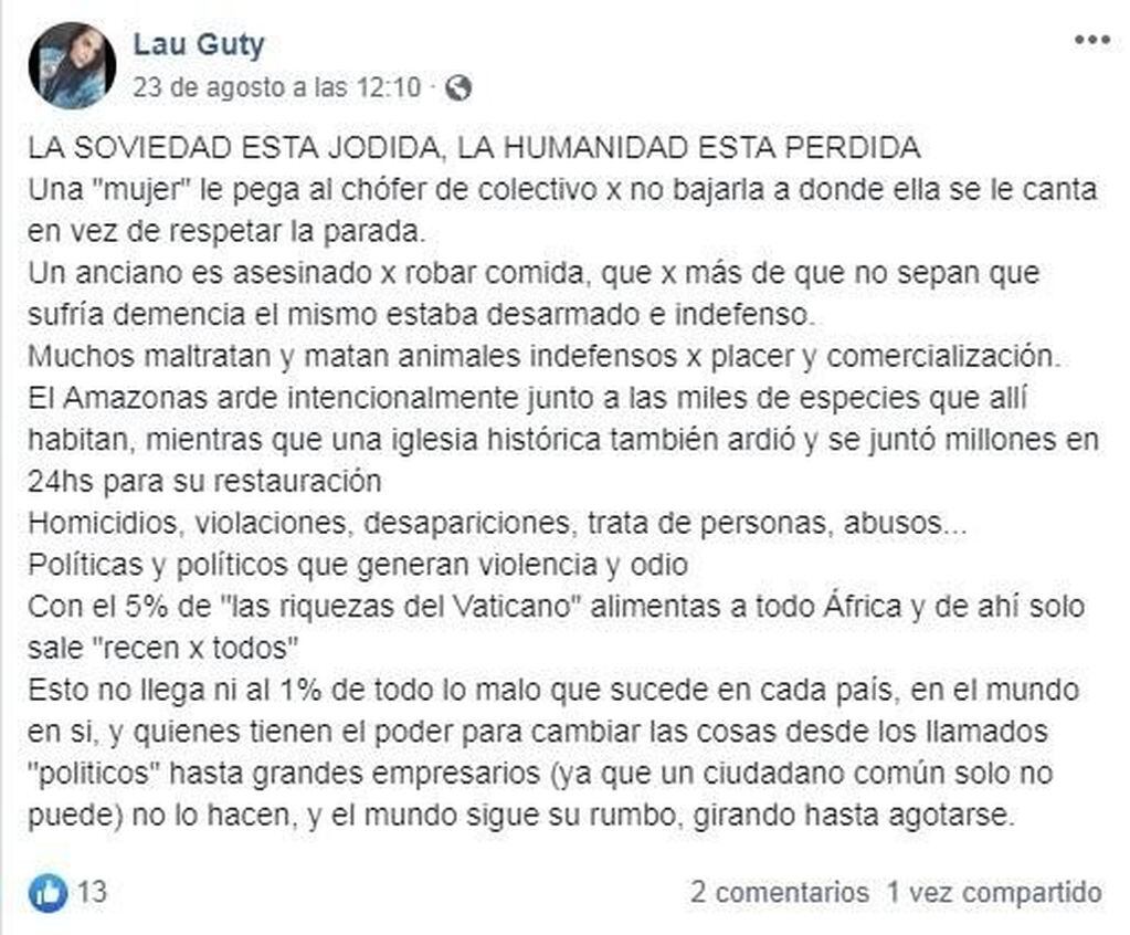 Publicación Laura Gutiérrez. Facebook: Lau Guty.