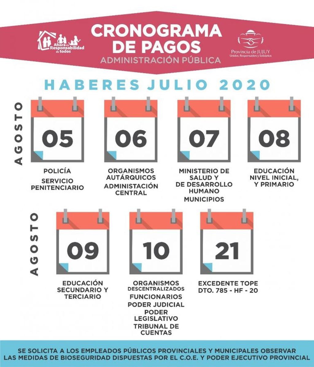 El Gobierno de Jujuy anunció el pago de sueldos correspondientes a julio pasado.
