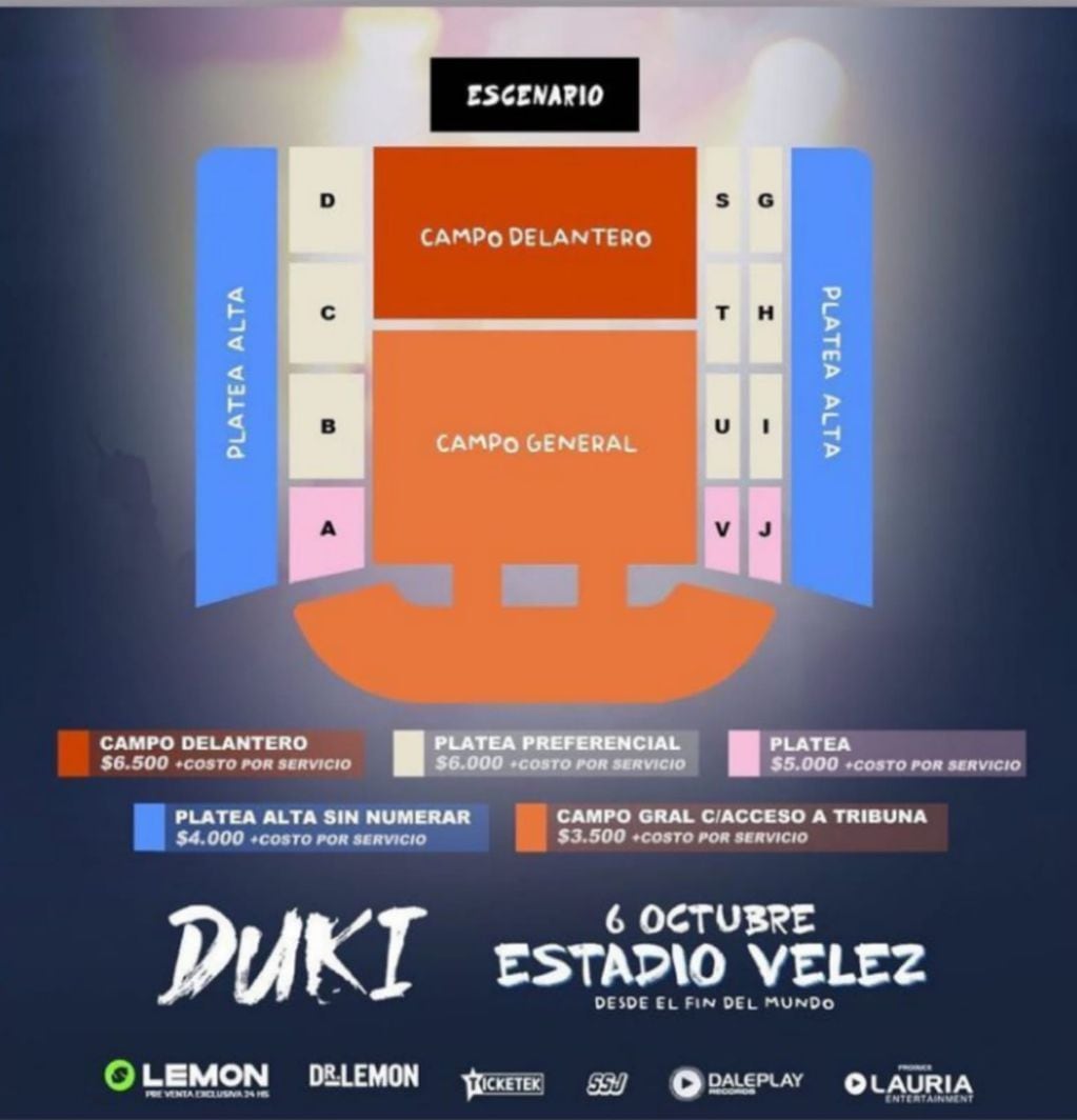 Ubicaciones y precios para el show de Duki en Vélez.