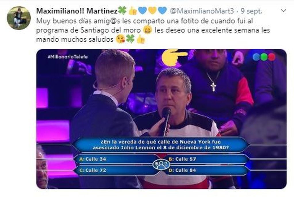 Maximiliano Martínez participó de "¿Quién quiere ser millonario?", el programa que conduce Santiago del Moro por Telefe (Foto: Twitter/ @MaximlianoMart3)
