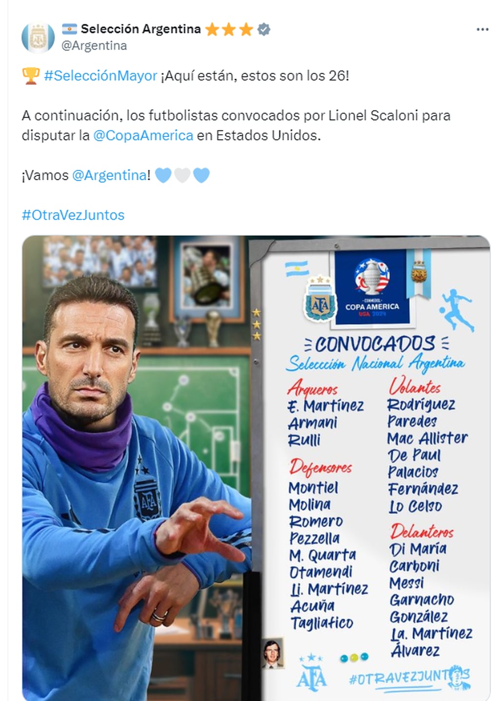 Scaloni confirmó la lista de los 26 convocados de la selección argentina para disputar la Copa América