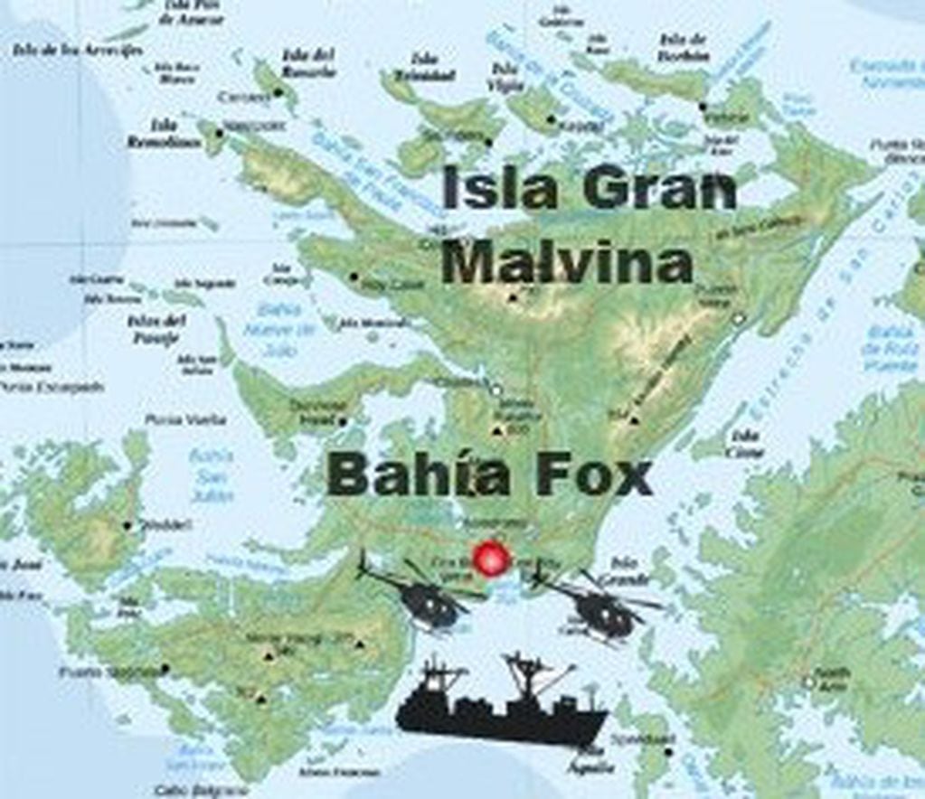 Localización de Bahía Fox, una de las principales comunidades de la Isla Gran Malvina, al oeste del archipiélago austral. Allí, durante la guerra del '82 estaba apostado el RI8 y una compañía del Batallón de Ingenieros 9.
