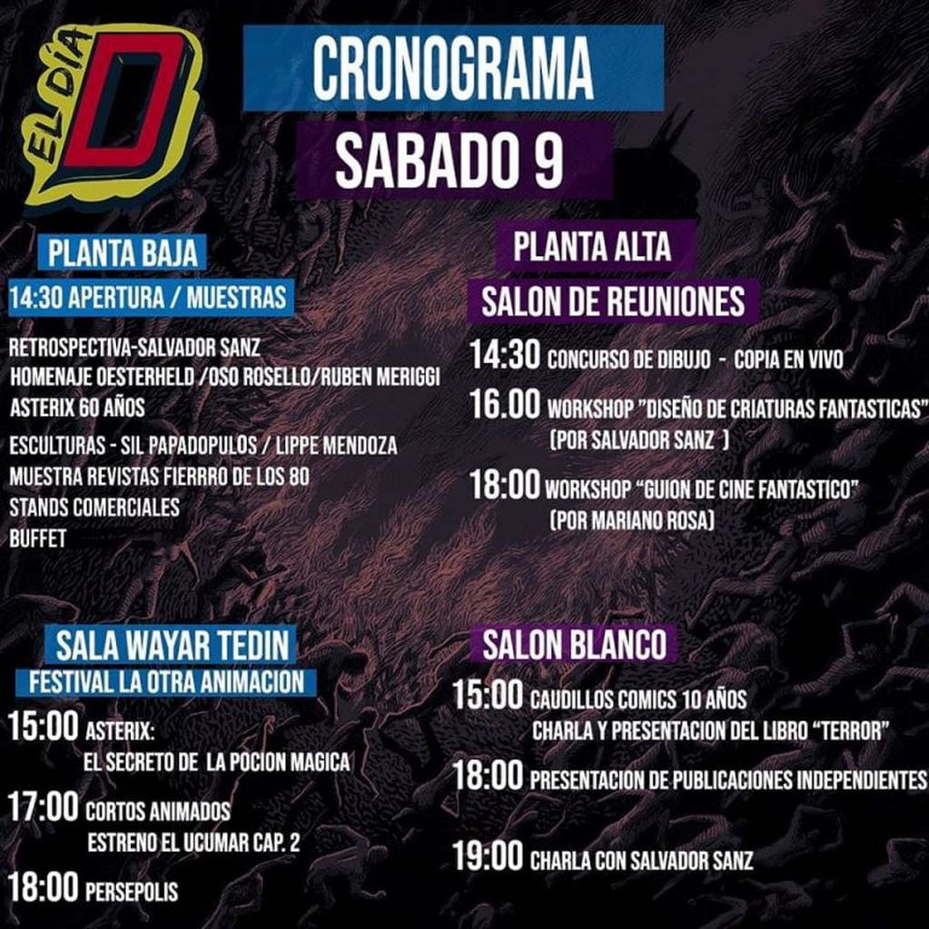 Cronograma sñabado 9 El Día D, convención de historietas, ilustración y animación (Facebook Centro Cultural América)