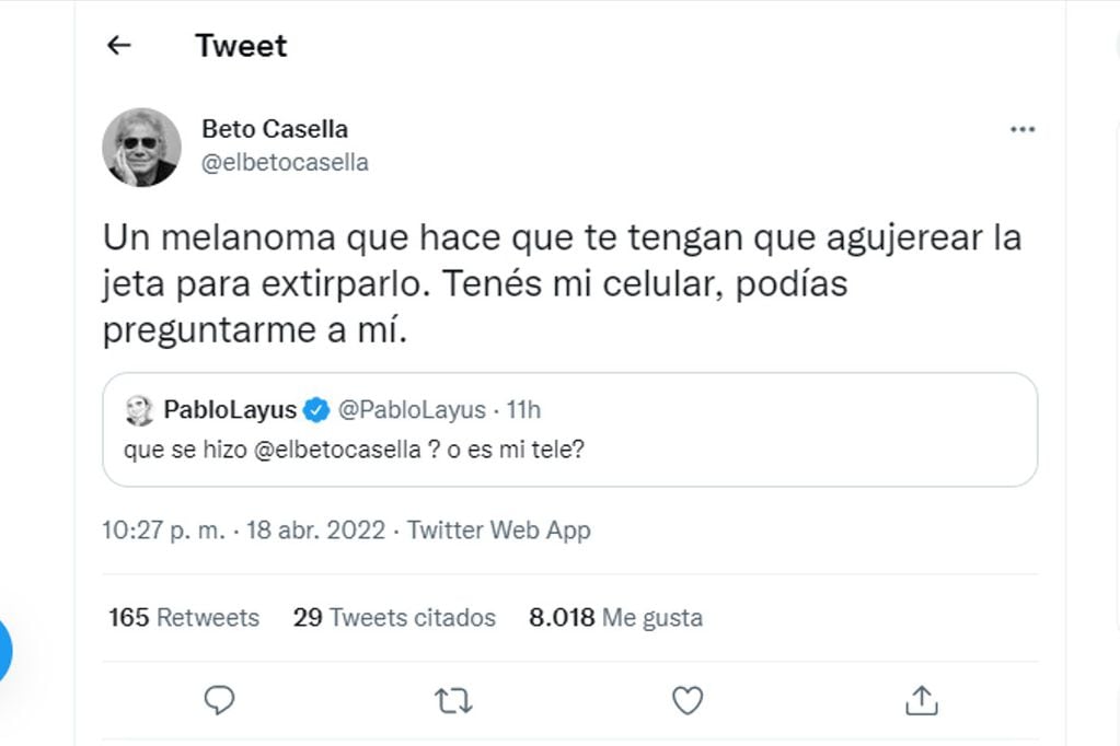 Beto Casella le respondió a Pablo Layús 
(Captura de Twitter).