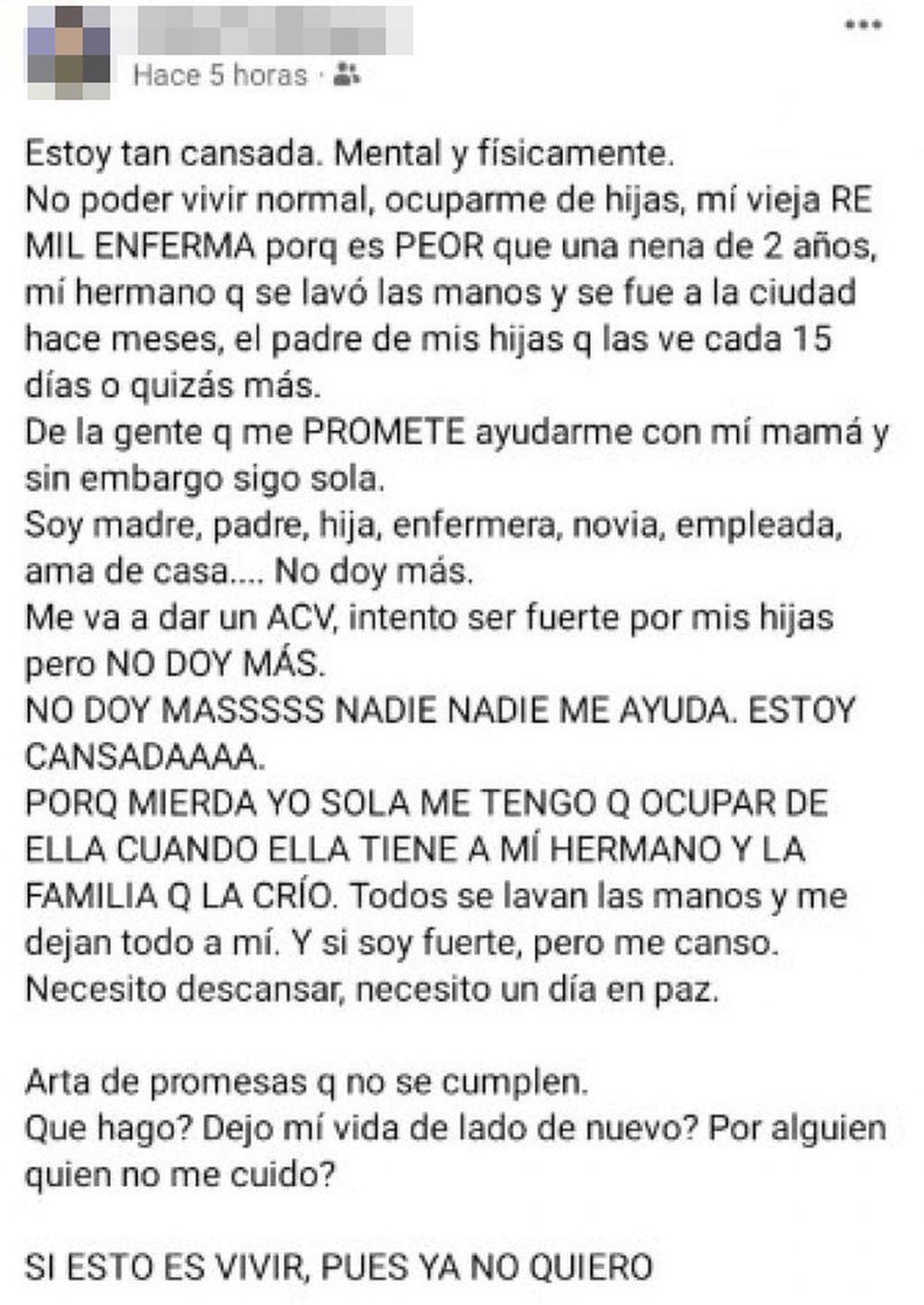 El posteo en Facebook de la mujer acusada de matar a su madre en Capilla del Monte (Captura Facebook).
