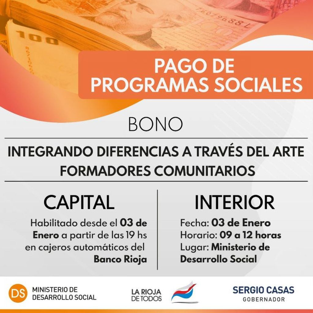 Finalmente los beneficiarios del programa "Familias Riojanas" de toda la provincia percibirán el bono este jueves