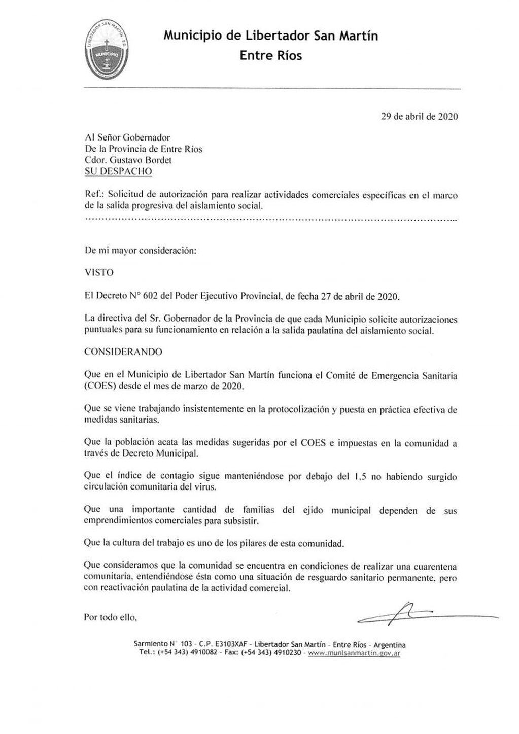 Nota del Intendente de Libertador San Martín enviada al Gobernador Bordet.