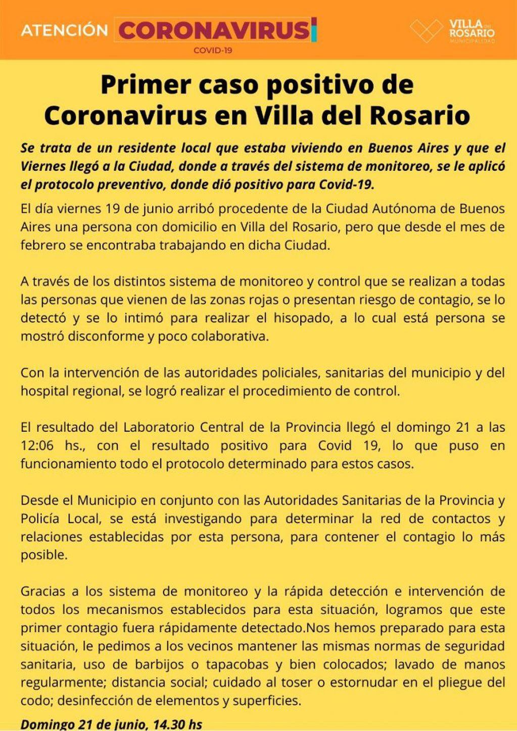 Comunicado Oficial. Coronavirus en Villa del Rosario