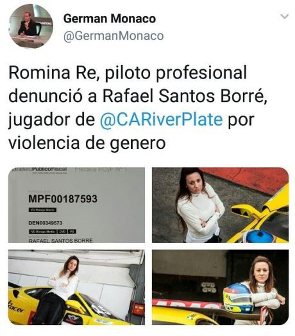 Romina Ré, la piloto de carreras que denunció al futbolista colombiano Rafael Santos Borré por violencia de género.