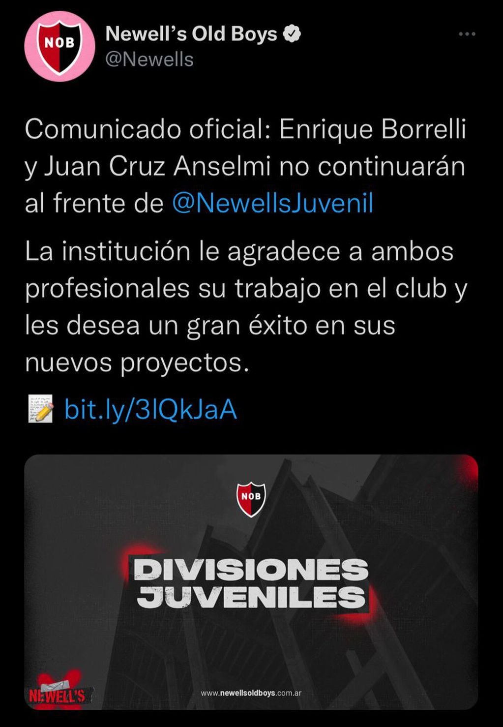 El comunicado de Newell's informando que no contarán más con Enrique Borrelli y Juan Cruz Anselmi. (@Newells)