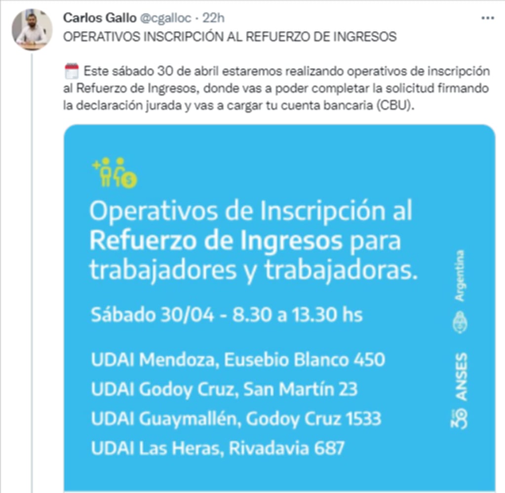 Tweet del jefe regional de Cuyo de Anses.