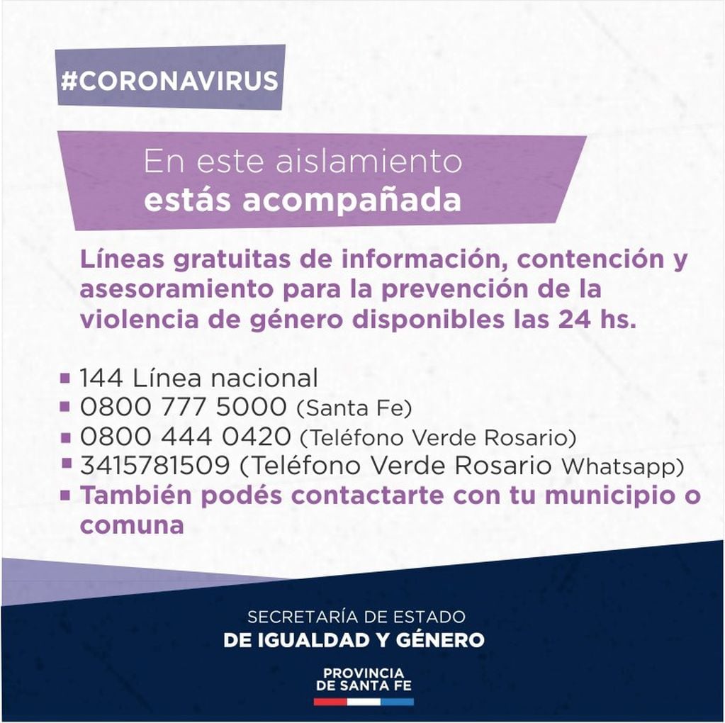En Rosario hay diferentes líneas telefónicas para hacer denuncias y pedir asistencia. (Secretaría de Estado de Igualdad y Género de Santa Fe)