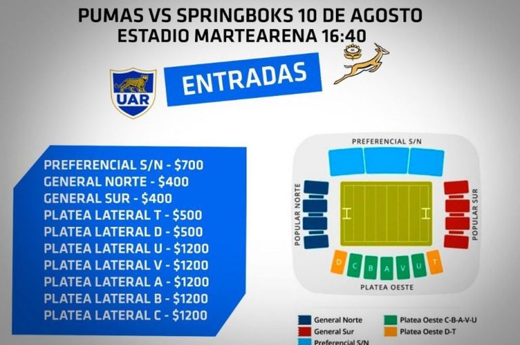 Venta de entradas para el encuentro de Los Pumas vs Springboks.