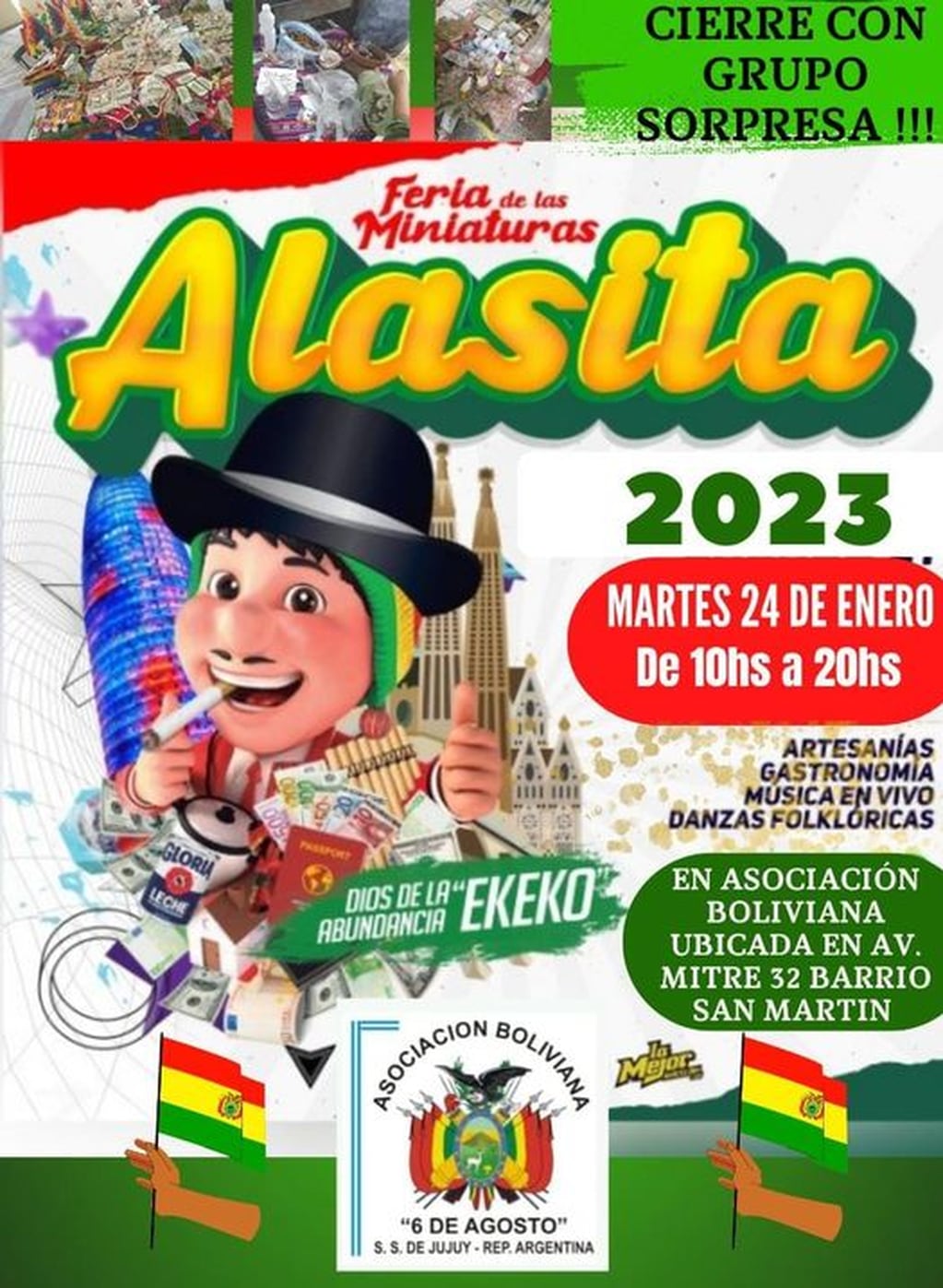 Pieza gráfica que circula por redes sociales, invitando a la celebración de la Alasita organizada para este martes en San Salvador de Jujuy por la Asociación Boliviana local.