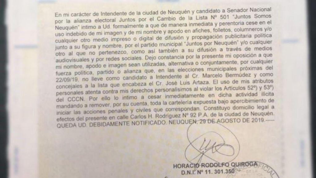 Carta de documento que envió Pechi Quiroga (lmneuquén).
