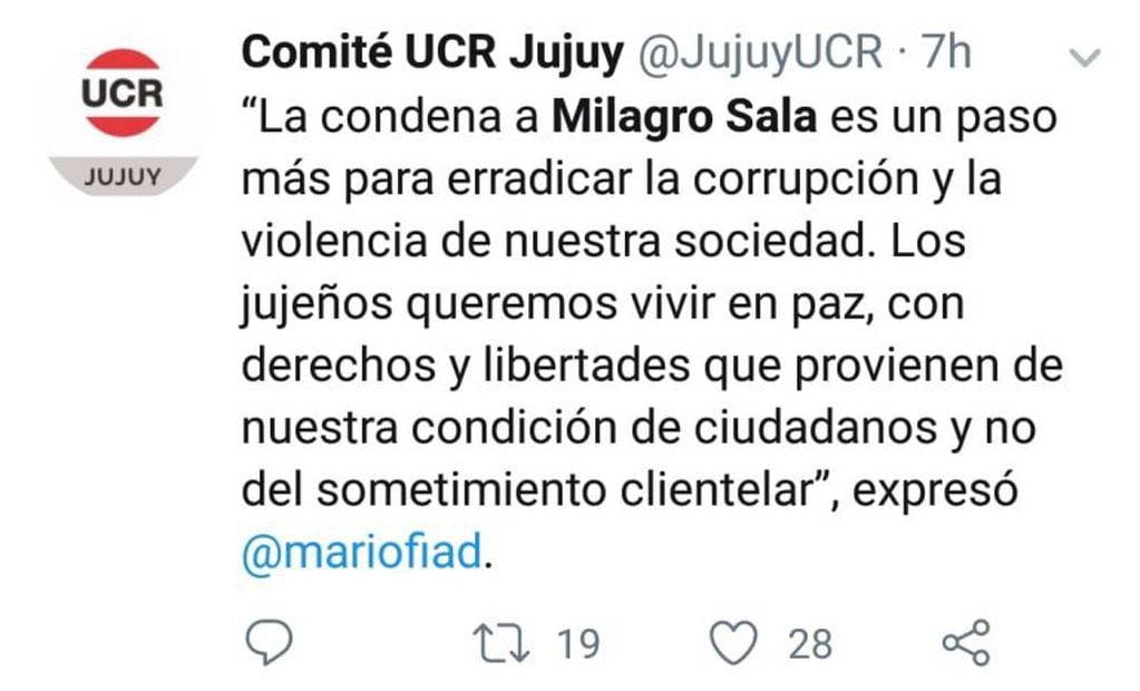 Declaraciones de Mario Fiad en Twitter