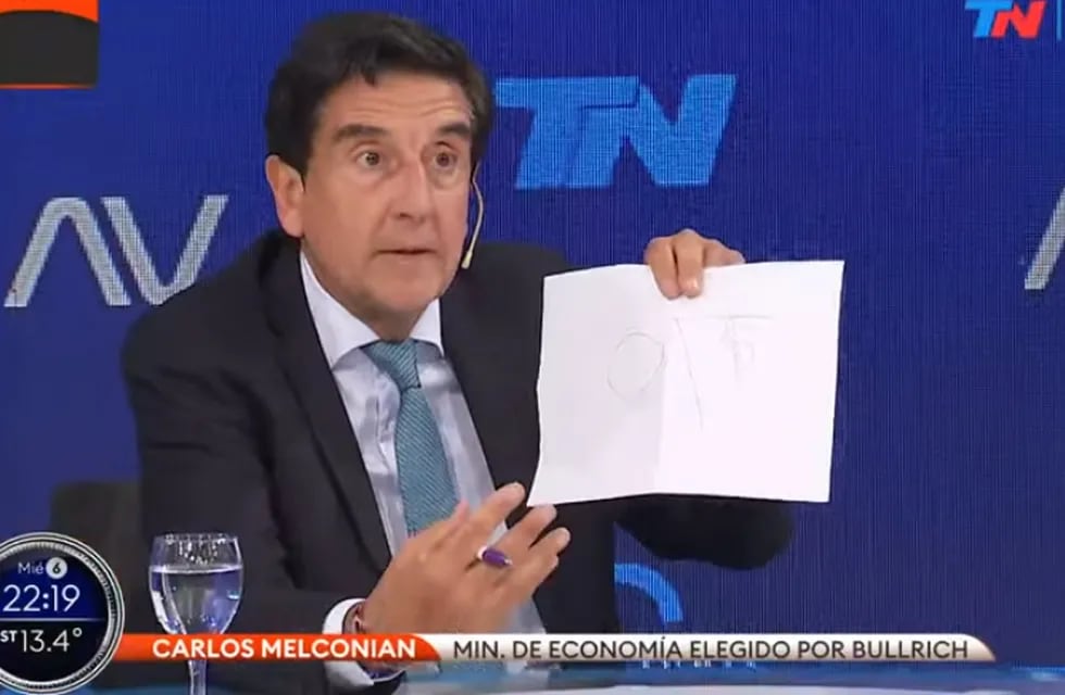 El dibujo de Melconian para explicar su postura sobre la dolarización que propone Milei (Captura de video).