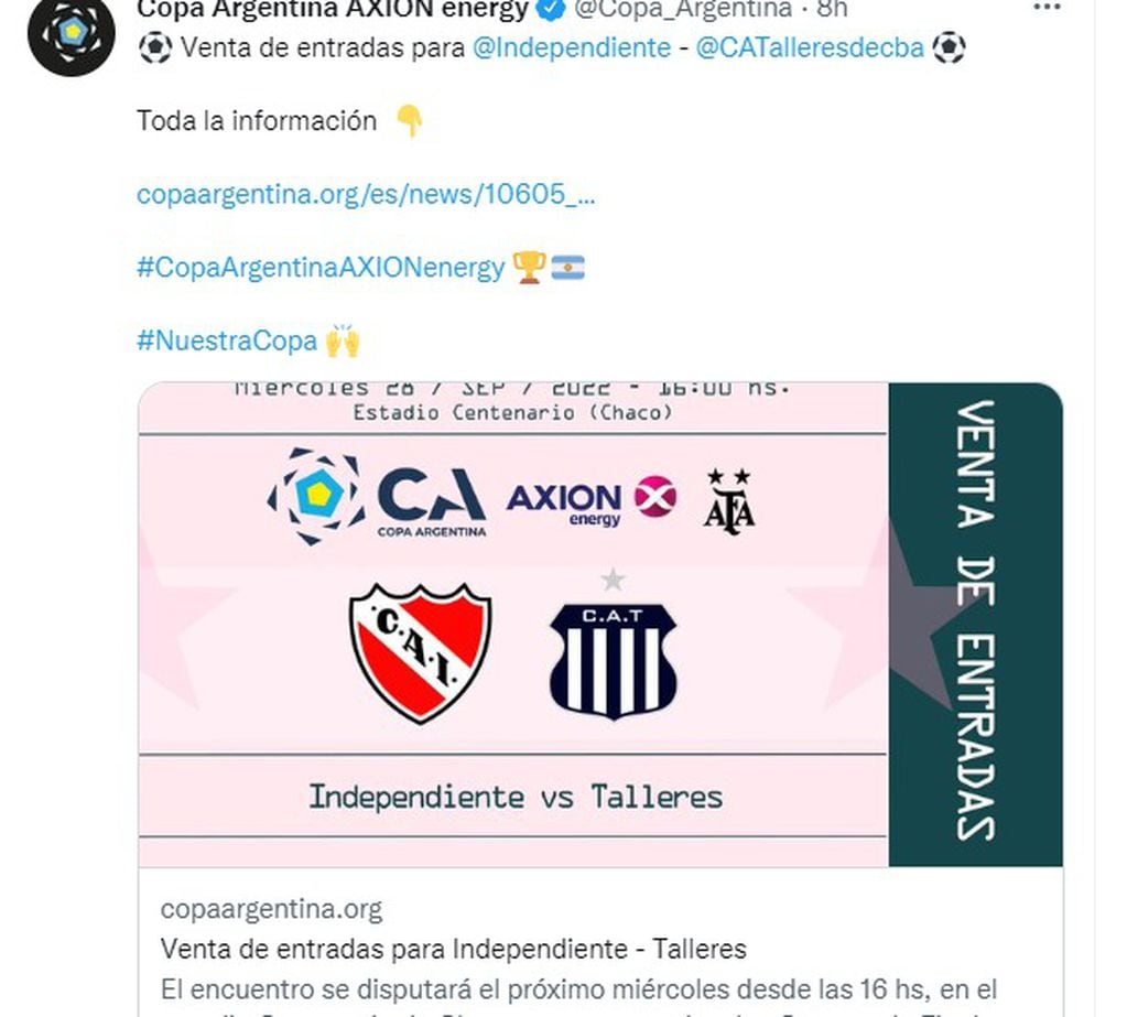 Por el pase a semifinales, Talleres enfrentará a Independiente por Copa Argentina.