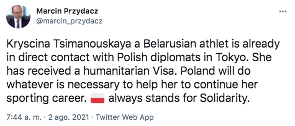 El apoyo de Polonia para la atleta bielorrusa.