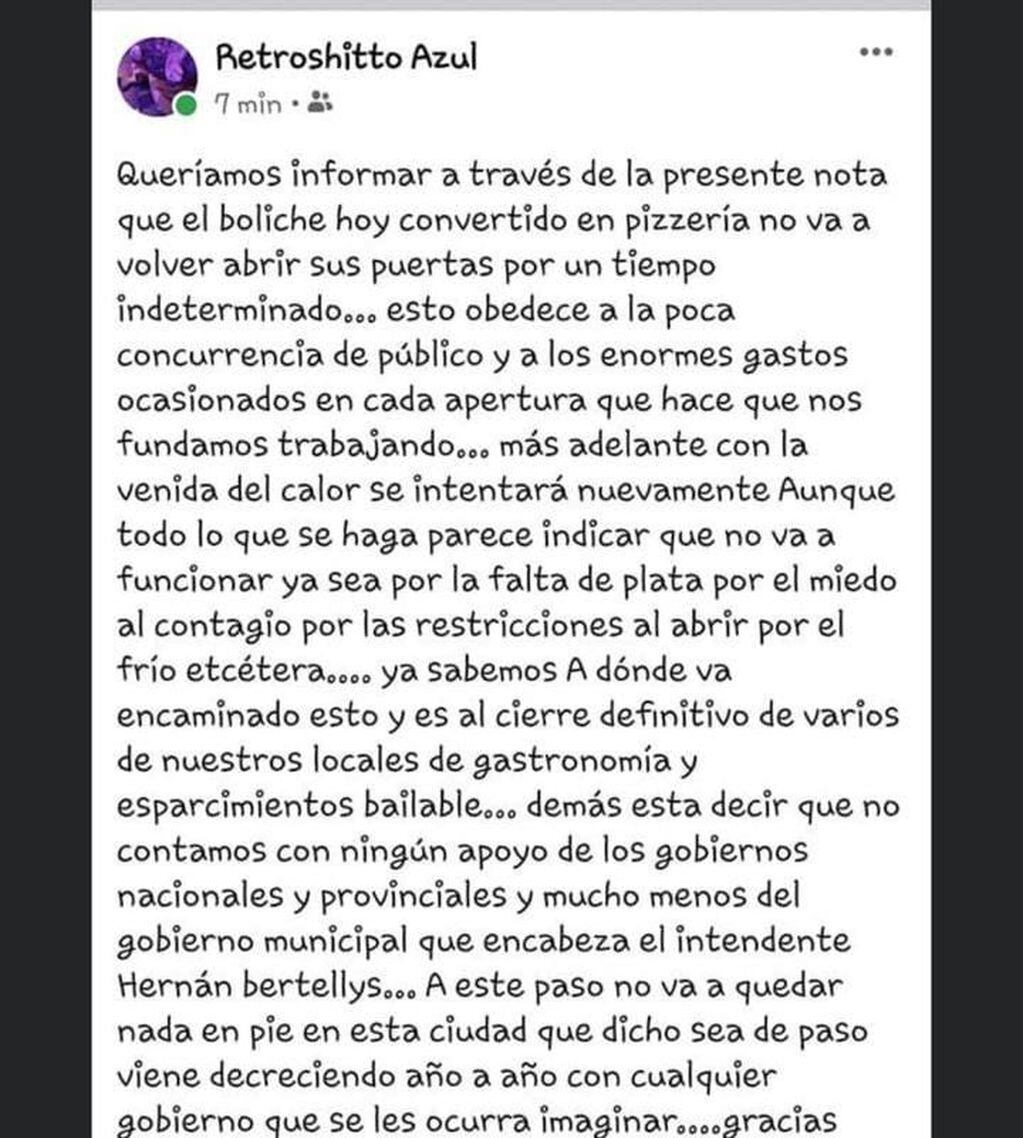 El mensaje de Shittó en Facebook.