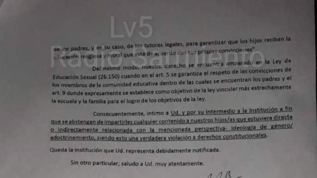 Los padres de la escuela sanjuanina presentaron una carta para quejarse.