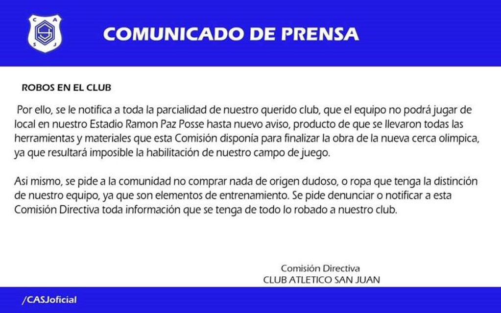 Facebook: Club Atlético San Juan.