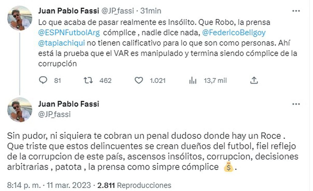 La furia del hijo de Andrés Fassi, por los errores arbitrales en contra de Talleres.